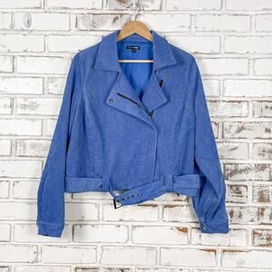 Blue Corduroy Biker Moto Long Sleeve Zip Up Jacket 1X